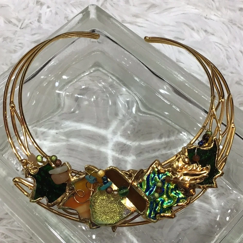 Vintage gold choker bib iridescent necklace